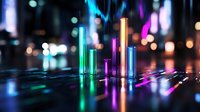 Glowing vertical light bars in vibrant neon colors against dark background with bokeh effect create futuristic cityscape atmosphere for technology concepts.