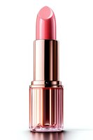 Pink lipstick in luxurious rose gold metallic case isolated on white background. Cosmetic product photography for beauty and makeup advertising.