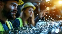Bearded construction worker in safety vest and hardhat observing water spray with female colleague in background, illuminated by warm sunlight with bokeh effect.
