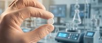 Scientist in laboratory holding transparent capsule or pill between fingers with blurred scientific equipment and workspace in background, representing pharmaceutical research and development.