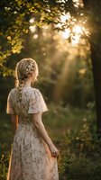 Young girl with blonde braided hair wearing a floral print dress standing in a sunlit forest path with golden bokeh light filtering through green foliage overhead.