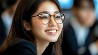 Young Asian businesswoman with glasses smiling confidently in modern office environment. Professional corporate portrait for business presentations.