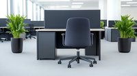 Modern minimalist office workspace with black ergonomic chair, desk partition, and decorative green plants in black pots on clean white floor, corporate interior design.