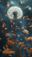 Delicate dandelion seedhead with floating seeds and orange flower petals against moody teal background, creating dreamy atmospheric nature scene for wallpaper design.