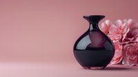 Black glass vase with narrow neck on pink background with soft focus carnation flowers creating romantic minimalist composition for spa and beauty concepts.