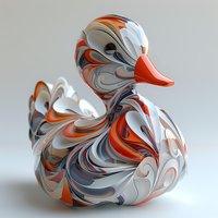 Artistic marble effect rubber duck figurine in orange, white and gray swirling patterns perfect for modern home decor, bathroom accessories or creative design projects.