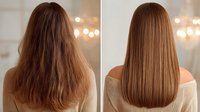 Before and after hair transformation showing frizzy, damaged hair becoming smooth, straight, and healthy with professional treatment. Perfect for salon advertising.