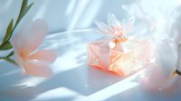Elegant pink gift box with delicate bow and feather decoration casting soft shadows in natural light, accompanied by gentle floral elements and dreamy atmosphere.