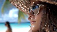 Young woman in straw hat and sunglasses enjoying tropical beach vacation with turquoise ocean background for summer travel and leisure concepts.