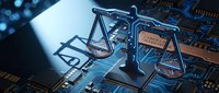 Digital justice scales on computer circuit board representing legal technology, cyber law, and electronic legal services for modern law firms.