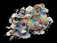 Colorful mythical ram with swirling clouds and golden ornaments, isolated on transparent background, ready for stickers, t-shirt design, and print on demand.