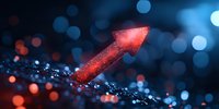 Glowing red arrow rises against dark blue bokeh background with sparkle effects, symbolizing growth, success and upward market trends in business concept.