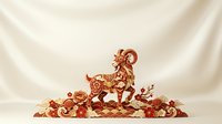 Ornate golden ram figurine with decorative floral base and scrollwork details, isolated on cream background for design projects, home decor, and luxury branding applications.