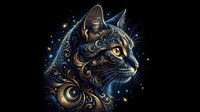 Ornate cat portrait with golden decorative swirls and cosmic sparkles on dark background for mystical design projects.