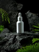 White dropper bottle with serum or essential oil displayed on dark stone with moss and green plants for skincare, cosmetics, and wellness product marketing.