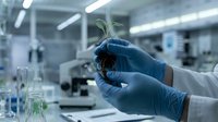 Scientist in blue gloves holding small plant seedling in laboratory for biotechnology research and environmental science experiments.