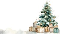 Watercolor Christmas tree with gold and teal wrapped presents on white background, festive holiday illustration for greeting cards and seasonal designs.