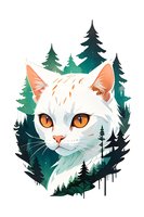 Artistic illustration of a white cat with amber eyes surrounded by dark green pine forest silhouettes, perfect for nature-themed designs, t-shirts, and modern wall art prints.