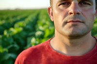 Confident middle-aged Caucasian male farmer in red t-shirt looking into distance against green agricultural field background during summer sunset.