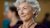 Elegant senior woman with silver hair wearing purple evening dress and jewelry smiles warmly at formal event. Natural lighting highlights graceful aging and confidence.