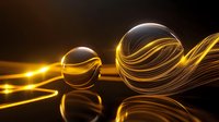 Glowing golden light trails wrap around transparent spheres on reflective black surface, creating futuristic abstract composition with luminous energy streams.