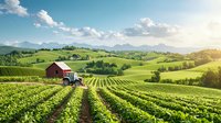 Scenic agricultural landscape with red barn and tractor among green crop rows, rolling hills, and mountains in background under bright summer sky with sunlight.