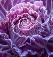 Beautiful macro photography of ornamental purple cabbage with water droplets creating spiral pattern, perfect for wellness, nature and food industry designs and publications.