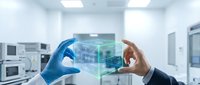 Medical professional in blue gloves and businessman examining holographic brain scan in modern laboratory setting for healthcare technology research.
