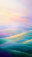 Dreamy rolling hills in pastel colors with soft gradient sky, featuring turquoise, purple and yellow tones creating serene landscape composition.