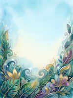 Watercolor floral frame with teal, gold, and purple swirling leaves and flowers, soft blue background with copy space for text or design.