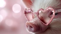 Pink heart-shaped sunglasses on cute pig snout close-up with bokeh background, romantic farm animal portrait in rose gold tones for Valentine's day designs.