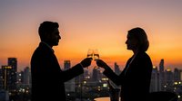 Silhouetted couple toasting with champagne glasses against golden sunset cityscape backdrop, romantic evening celebration on rooftop with urban skyline.