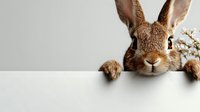 Curious brown rabbit peeking over white surface with paws visible, looking directly at camera with alert ears and friendly expression. Close up portrait on light background.