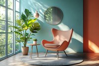 Modern living room interior with coral armchair, round mirror, monstera plant, and natural sunlight casting shadows through window on turquoise wall.