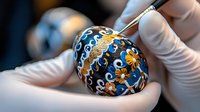 Artisan wearing white gloves paints intricate floral and swirl patterns in gold and white on black Easter egg using traditional pysanka wax-resist technique.