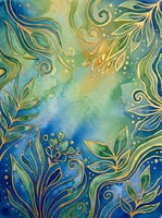 Ornamental botanical frame with gold leaf accents on watercolor gradient background in blue, green and yellow tones. Decorative foliage border design.