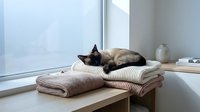 Tabby cat resting on folded knit sweaters near bright window in minimalist home interior, cozy domestic scene for lifestyle and home decor content.