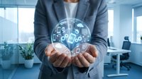 Professional businessman holding glowing digital sphere with technology icons in modern office environment for business innovation concepts.