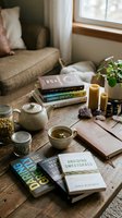 Cozy reading corner with herbal tea, books, candles and plants on wooden table creating peaceful home atmosphere for relaxation and mindfulness.
