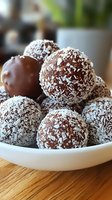 Homemade chocolate truffles rolled in shredded coconut served in white ceramic bowl. Close up view of sweet dessert balls on wooden table surface.