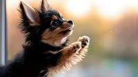 Adorable Chihuahua puppy with black and tan fur sitting by window during golden hour sunset, small dog breed pet portrait for home decor and animal lovers.