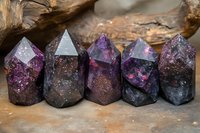 Purple amethyst crystal points with dark inclusions arranged in row on rustic wooden surface, showcasing natural mineral formations and metaphysical properties.