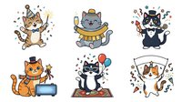Cartoon cats isolated on white background, ready for design use on merchandise, invitations, and digital projects. Cheerful feline characters with festive party elements.