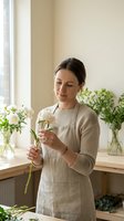 Middle-aged woman of European descent arranging fresh white flowers in a bright, minimalist workspace with potted plants and natural window light, suitable for florist, small business, and lifestyle content.