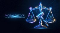 Digital justice concept with glowing scales of law in futuristic blue neon style representing legal technology transformation and modern jurisprudence system.