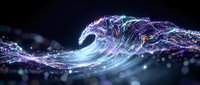 Digital wave with glowing neon particles flowing in motion against dark background. Futuristic data stream visualization for technology, innovation, and digital transformation concepts.