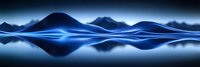 Glowing blue waves create abstract panoramic landscape with mountain silhouettes against dark background, modern minimalist design for technology backgrounds.
