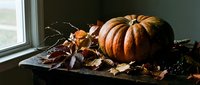 Orange pumpkin with autumn leaves on wooden surface near window creating cozy seasonal fall decoration for harvest thanksgiving holiday display.