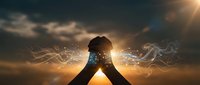 Two hands reaching toward each other with glowing digital connections and light rays against dramatic sunset sky, symbolizing human connection and technology.