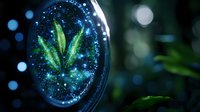 Magical glowing green leaves in round glass sphere with sparkling blue bokeh lights and starry effect, mystical nature concept for fantasy designs.